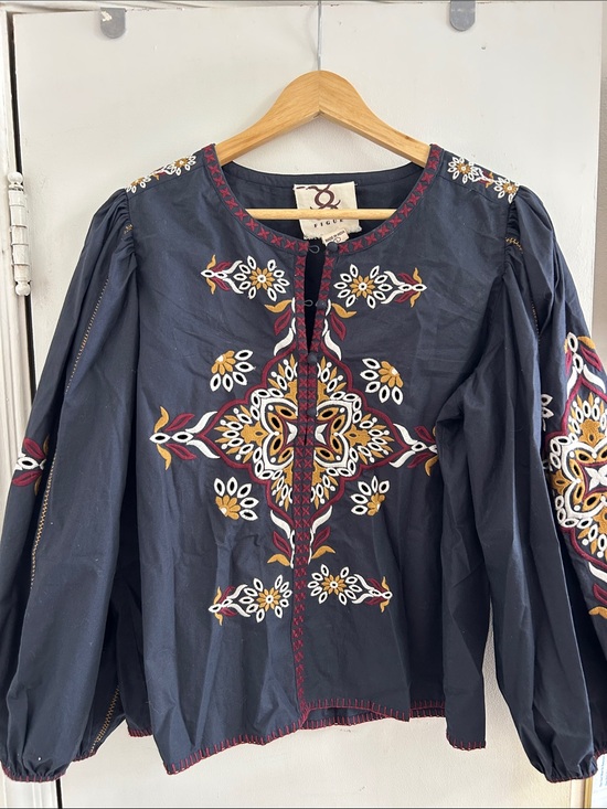 Figue Tops - FIGUE Embroidered Navy Boho Tunic Top with Mustard & Red Accents